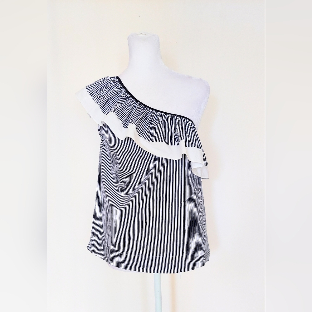 J. Crew One Shoulder Ruffle Top Navy Blue White Stripes Size 0 100% Cotton